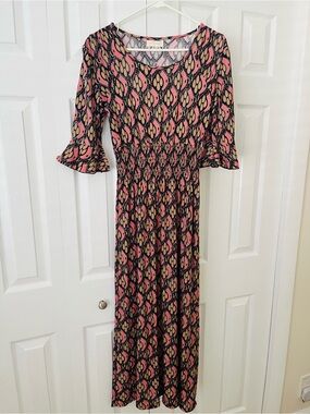 Smocked Waist Pink and Black Printed Maxi Dress